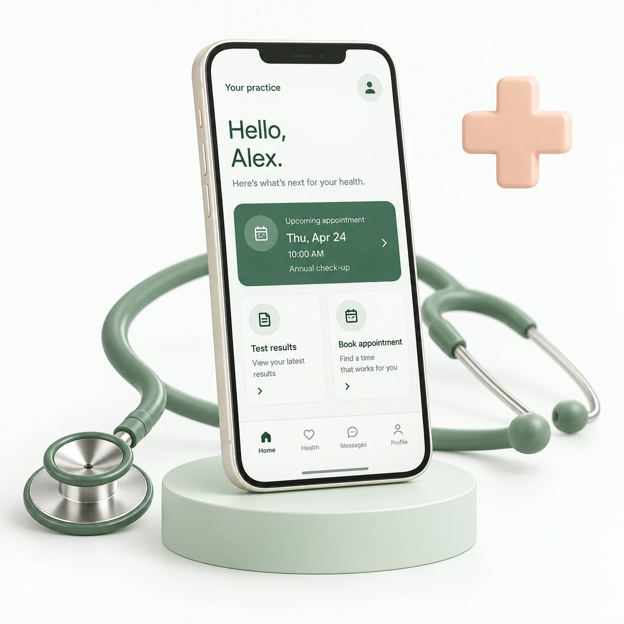 Patient app concept showing healthcare information and appointment features on a smartphone